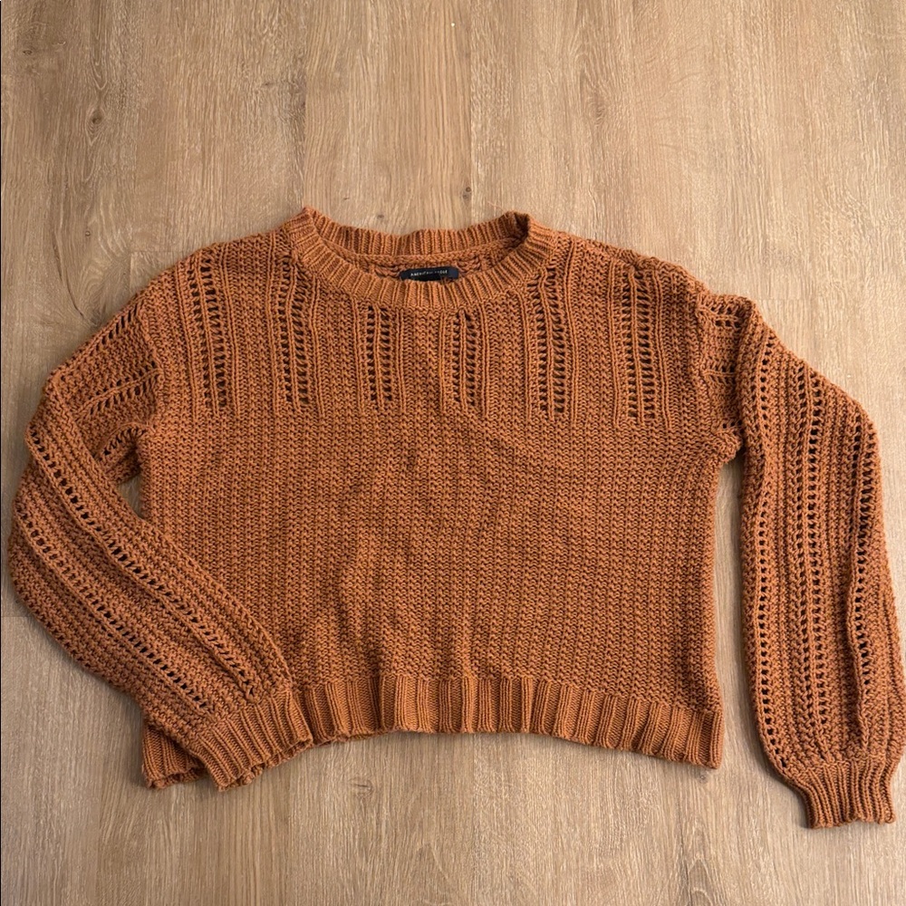 AMERICAN EAGLE Women’s Rust Open-Knit Crewneck Sweater